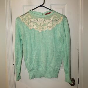 Vintage Chic Medium Mint Sweater with Lace Accents by Eileen